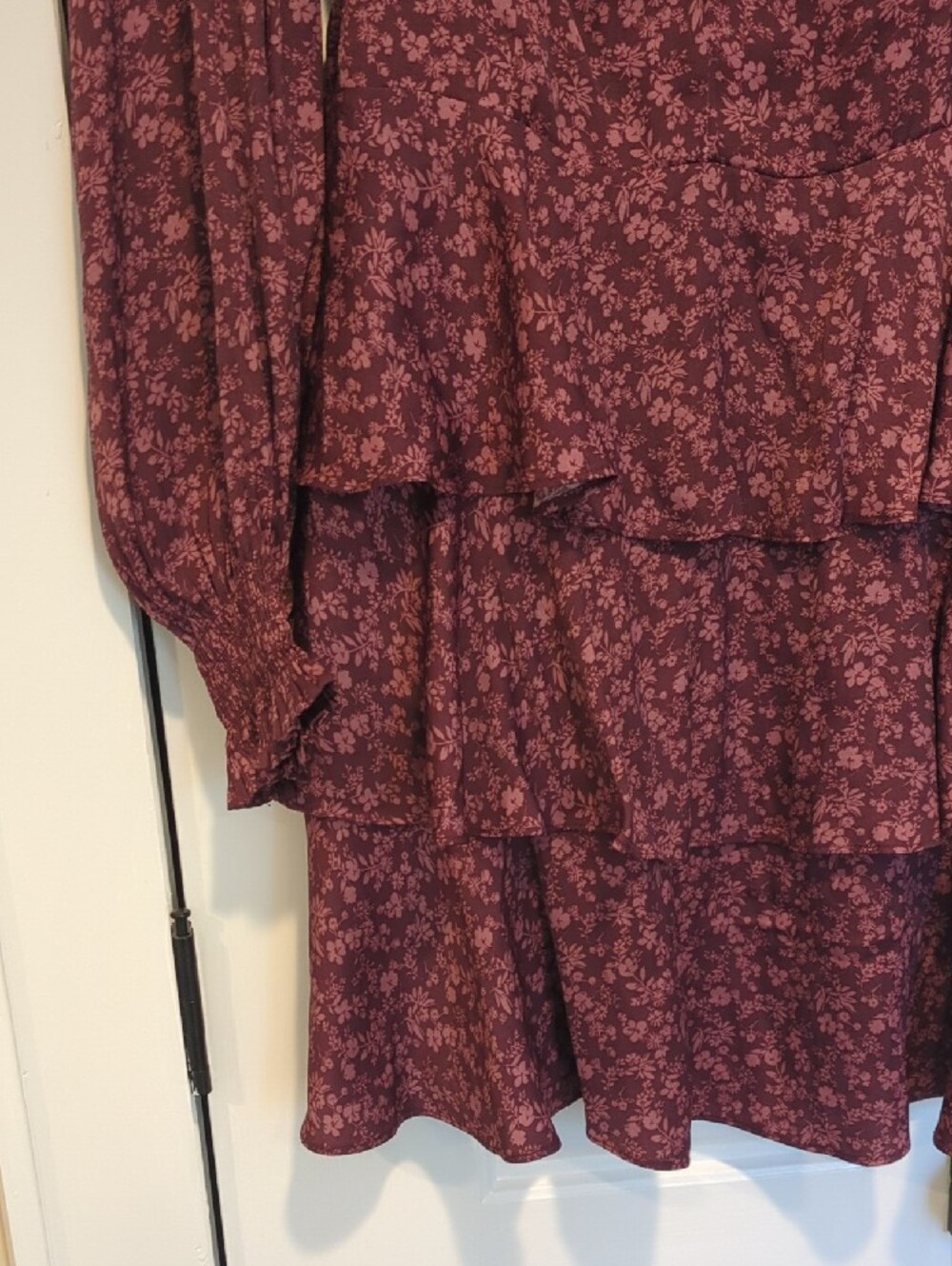 🩷 Altar'd State Burgundy Floral Tiered Long Sleeve Dress - Picture 3 of 6